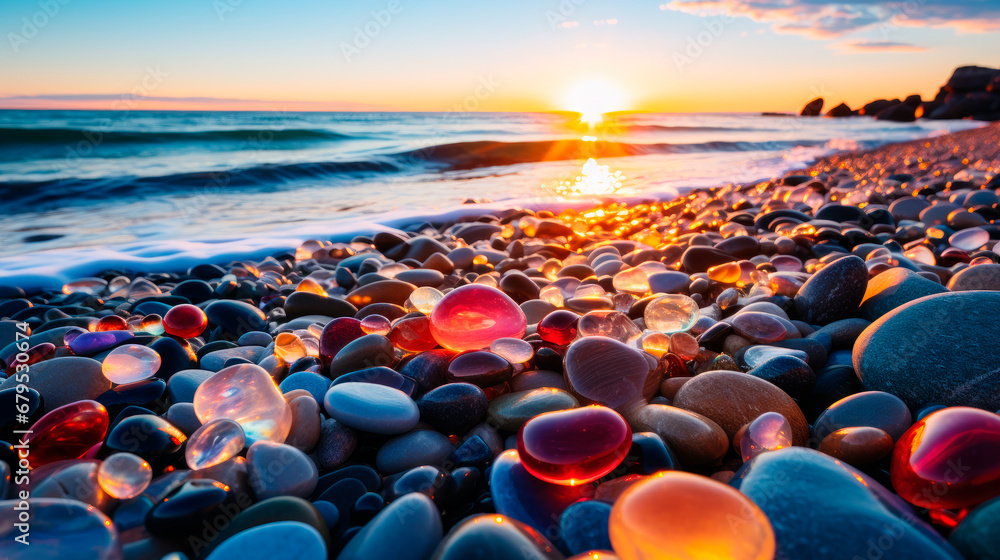 Beach with color pebbles in the sea coast, in the background sea and waves with sunset and sky.