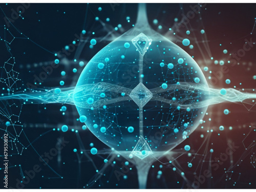 Abstract technology background of a quantum computing system with a cyber network grid and connected particles. Artificial neurons, global data connections