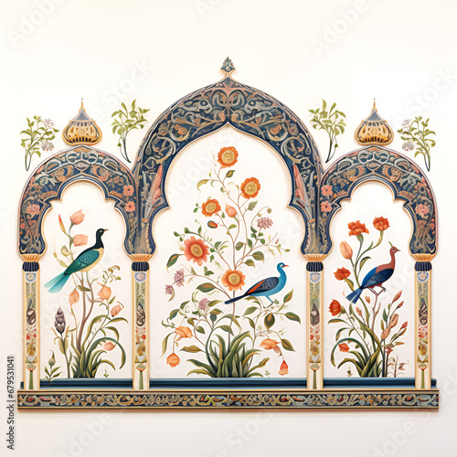 traditional mughal garden, mughal colorful decorative arch plant illustration for wall painting