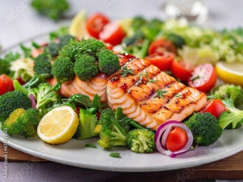 Grilled salmon fish fillet and fresh green leafy vegetable salad with tomatoes red onion and broccoli