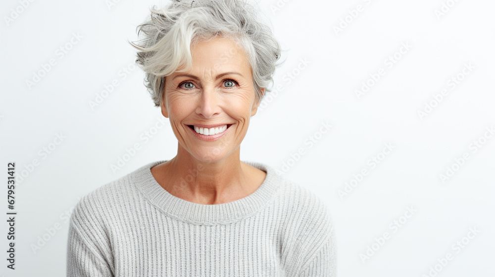 Portrait of a beautiful middle-aged woman in her 50s against a white background smiling cheerful. Portrait of a beautiful middle-aged woman in her 50s against a white background smiling cheerful.