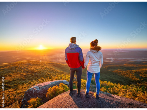 Couple of man and woman hikers on top of a mountain at sunset or sunrise, together enjoying their climbing success and the breathtaking view, looking towards the horizon 
