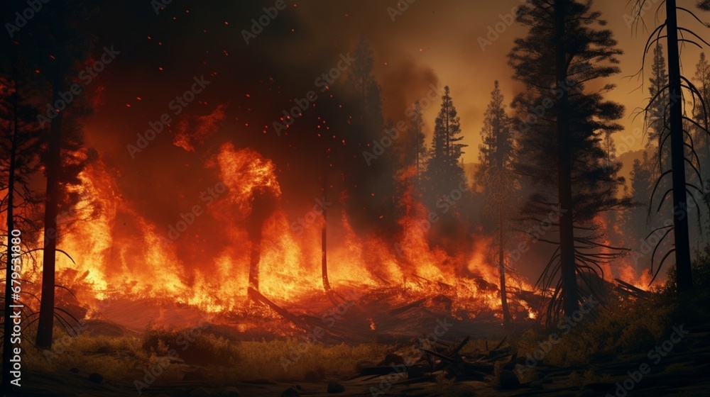 Witness the simulation of a wildfire spreading through a dense forest, threatening wildlife and flora