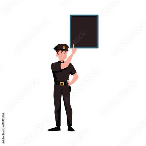 Policeman hand pointing finger at right up corner on black board, vector sheriff makes a gesture paying attention