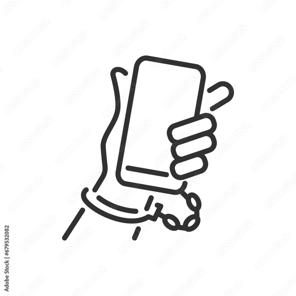 Smartphone addiction, linear icon. The smartphone is handcuffed to the hand. Line with editable stroke Smartphone addiction, linear icon. The smartphone is handcuffed to the hand. Line with editable stroke