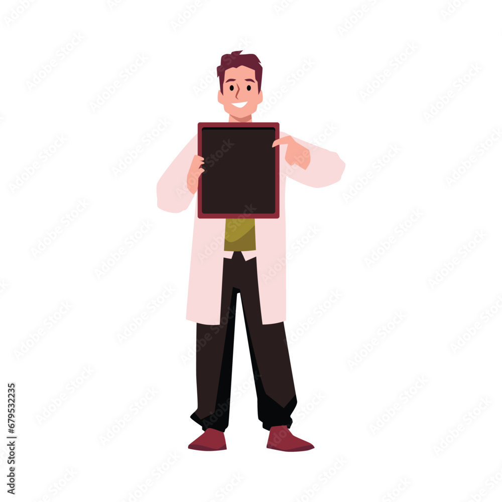 Man in white coat pointing to black empty board in his hands.