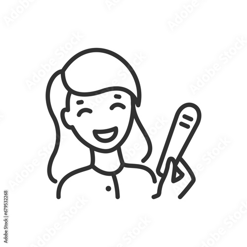 Woman rejoices over two stripes on pregnancy test, linear icon. Pregnancy. Line with editable stroke