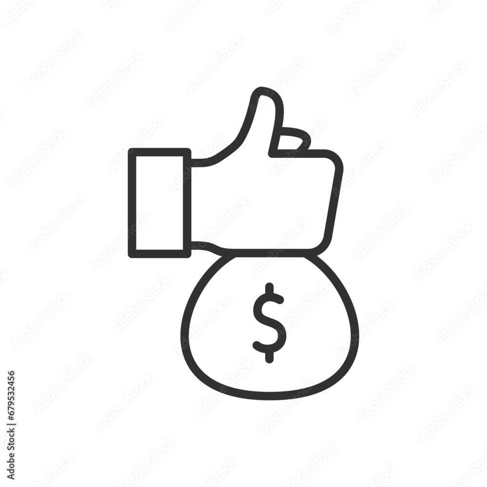 Bag of money and thumbs up, get money, linear icon, lots of money. Line with editable stroke Bag of money and thumbs up, get money, linear icon, lots of money. Line with editable stroke