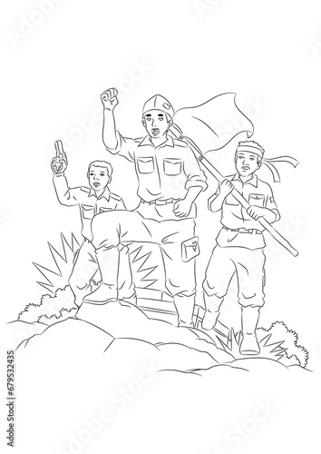 Three warriors stand guard on the battlefield. Coloring page for kids.