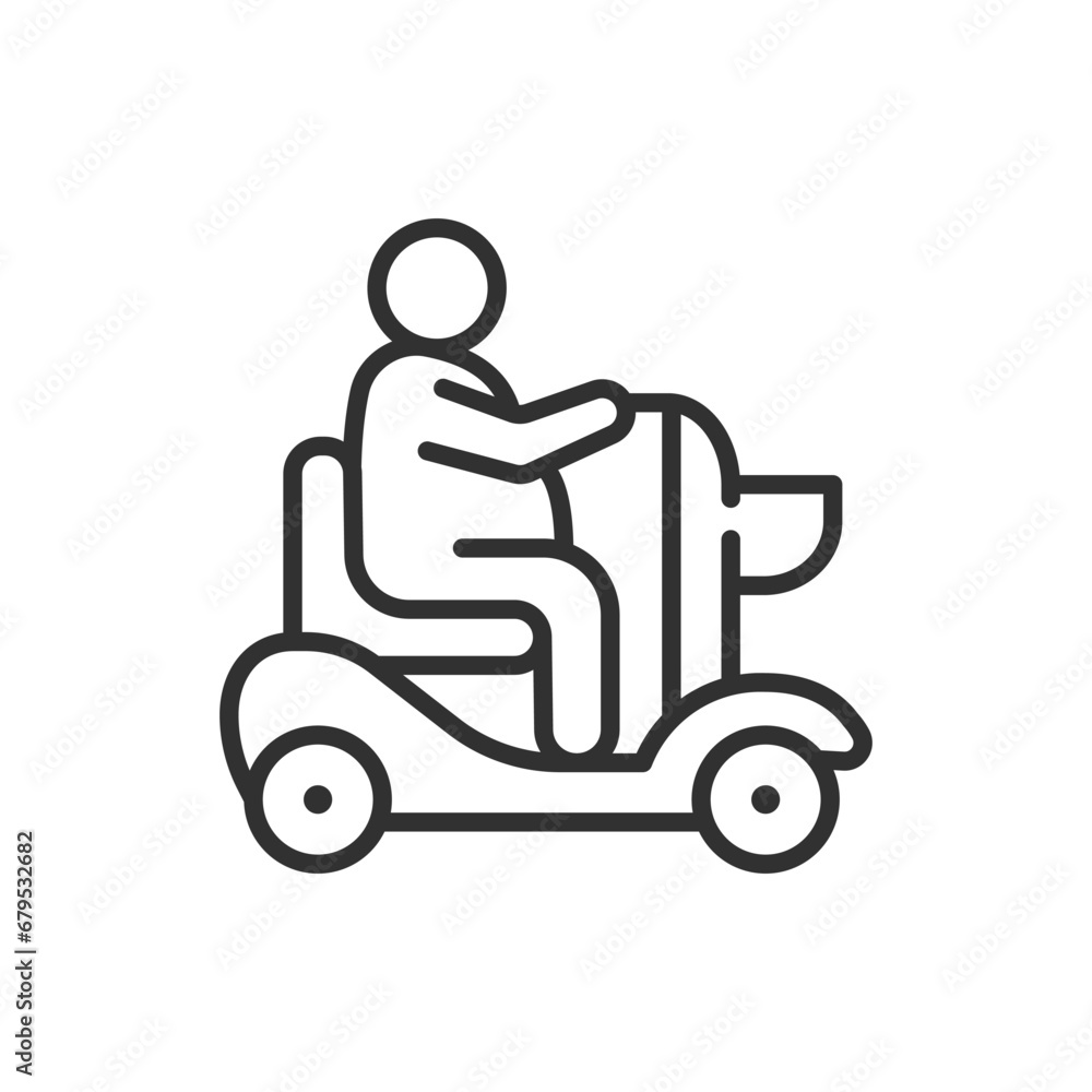 Overweight person on Motorized Shopping Cart, linear icon. Line with editable stroke