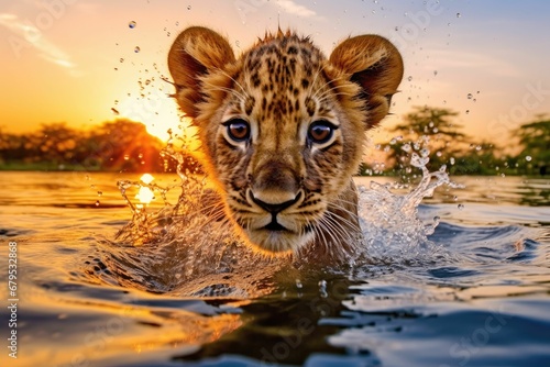 AI illustration of a young tiger cub in the lake, as the sun sets in the background.