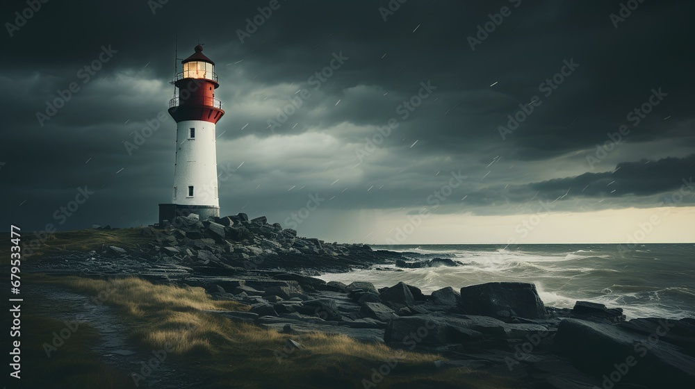 old dark lighthouse. stormfull weather rising against horizon. lights comming out from the lighthouse. dramatic lights and rain. moody light, epic perspective. generative AI