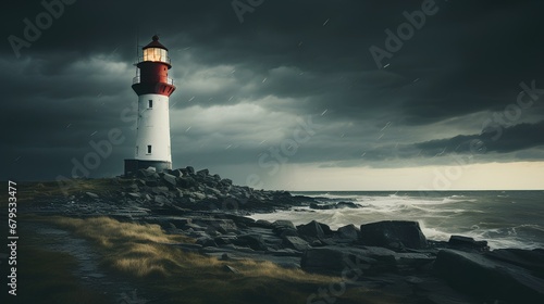 old dark lighthouse. stormfull weather rising against horizon. lights comming out from the lighthouse. dramatic lights and rain. moody light, epic perspective. generative AI