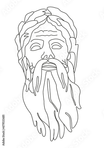 Portrait of old man with beard. Plaster statue of a head. Minimal line art drawing. Vector illustration.