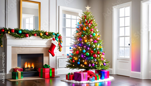Christmas tree with colorful decorations and gifts in with santa claus