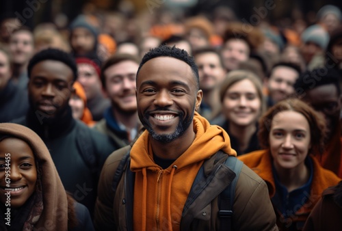 a man smiling in a crowd of people, dark bronze and orange, stereotype, multicultural fusion