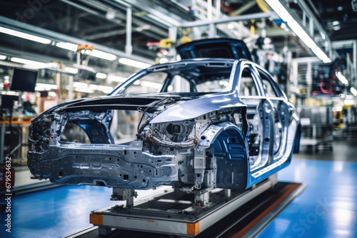 Car production line. Assembling a car on a conveyor belt. Close-up of a car body. Automotive industry Interior of a high-tech factory, modern production.