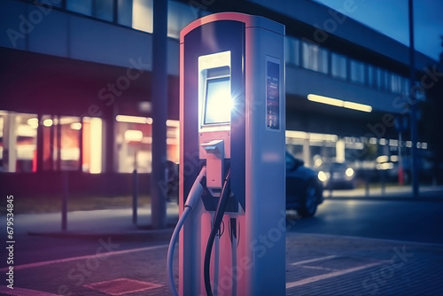 Fast charging stations for electric vehicles in a modern city at night. Charging station for cars with illumination. Electricity supply of the city.