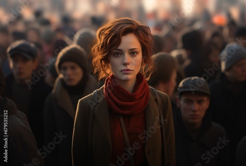 a woman looking forward in front of a crowd of people, crimson and amber, urban decay, distinctive characters photo