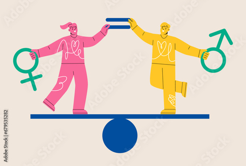 Male and female with symbol on the scales feeling equal discrimination. Gender equality concept. Colorful vector illustration