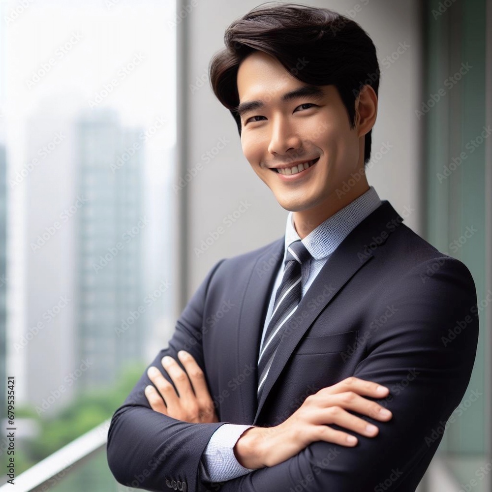 An Asian businessman with his arms crossed in front of his chest.