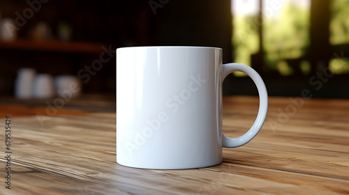 White mug mock up on a wooden table. Generative AI