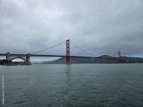 View of Golden gate bridge in San Francisco California from the shoreline of the bay