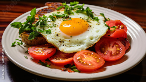A plate topped with a fried egg and fresh tomatoes