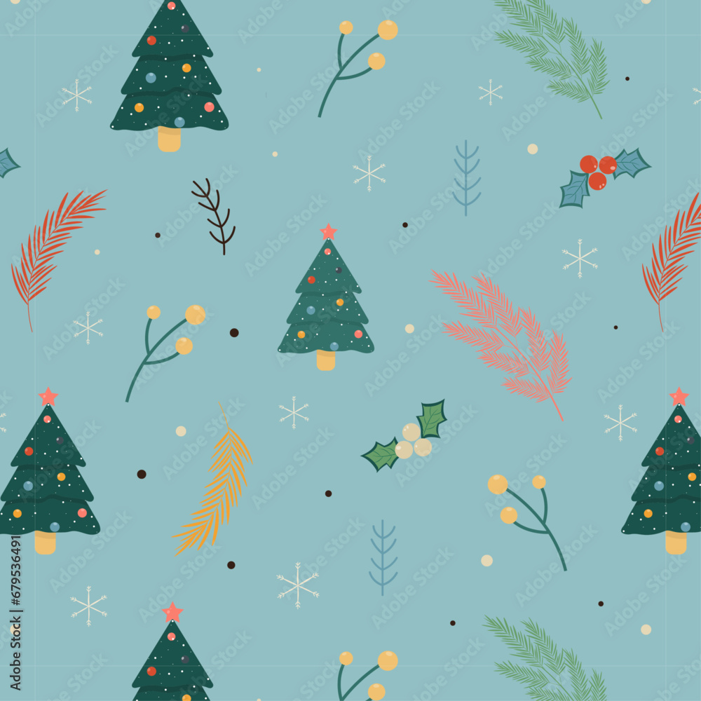 Seamless winter pattern with pine trees, branches, leaves and berries