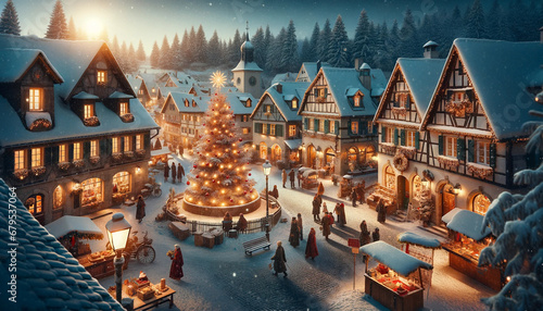 Picturesque winter holiday scene in a charming European village photo