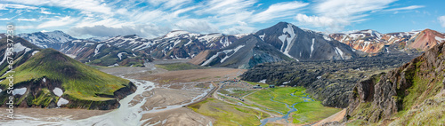 Landmannalaugar, Iceland. Panoramic Bird View at camping site and mountain hut and huge lava field and floods, Icelandic landscape of colorful rainbow volcanic mountains at Laugavegur hiking trail