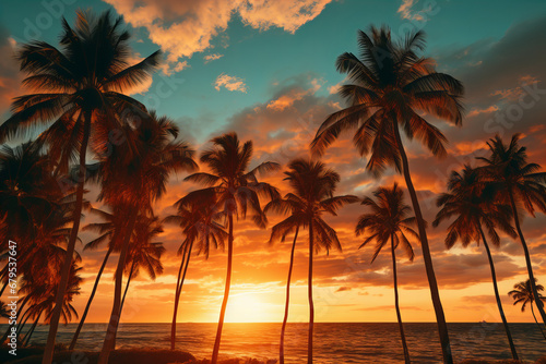 Silhouette of palm trees at tropical sunrise or sunset, Tropical beach, Palm trees on the beach, Sunny tropical beach with palm trees and turquoise water, island vacation, hot summer day