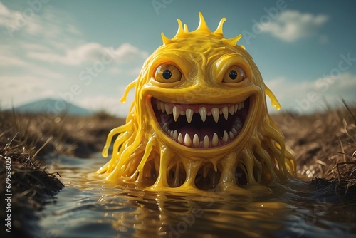 A picture of detailed yellow slime monster with a scary smile.
