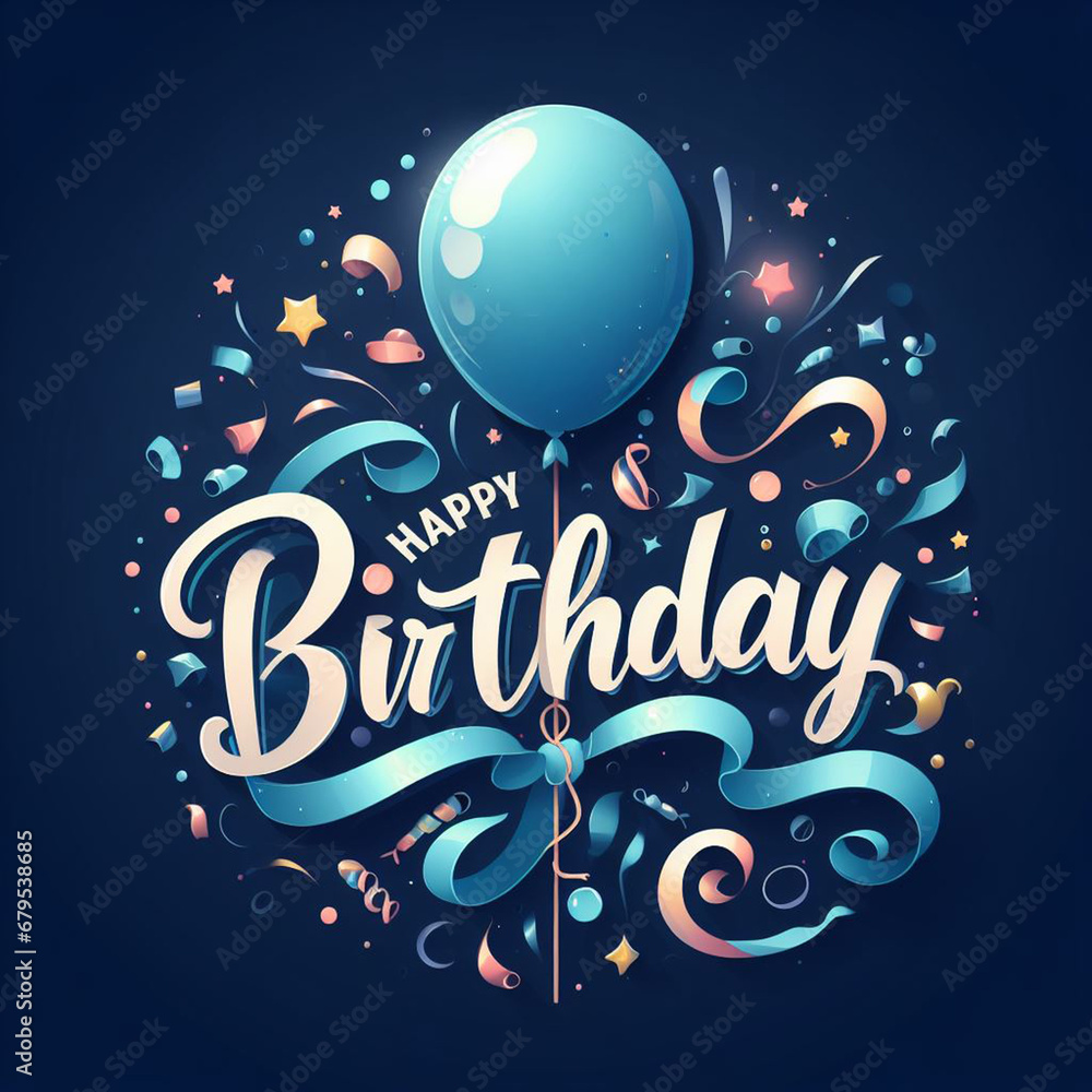 Vector happy birthday design with balloon, typography letter and falling confetti. Happy birthday template.