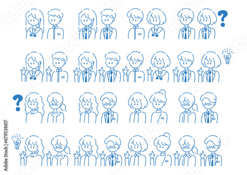 イラスト素材：いろんな表情・微笑み・困る・焦る・笑顔・中学生・高校生 女子男子・上半身セット
