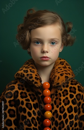 girl dressed like an adult woman with earrings in a leopard print coat, light emerald and gold, meticulous photorealistic still lifes photo