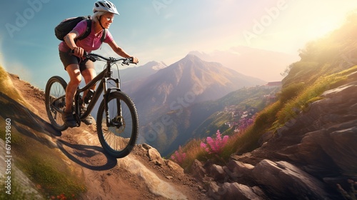 Old woman riding bicycle on beautiful mountain © Idressart