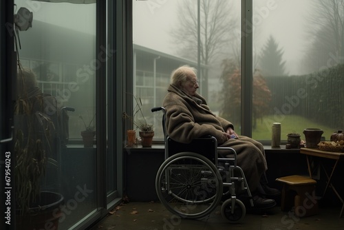 A man in a wheelchair sits against the window, lonely
