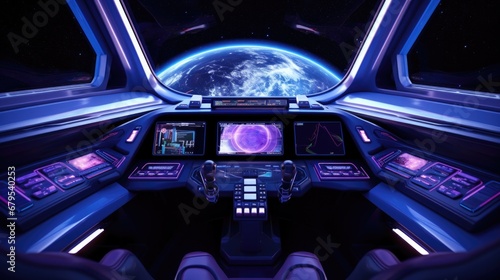 A spaceship cockpit with a view of the earth. Generative AI.