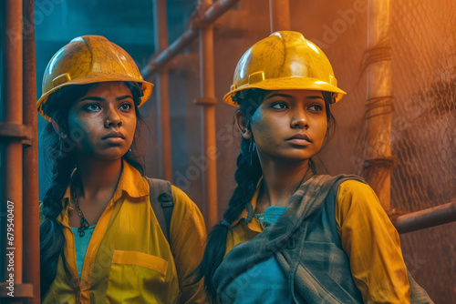 Portrait of two female industrial workers wearing yellow hardhats and helmets