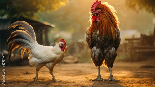A rooster and a chicken standing on a dirt ground. Generative AI.