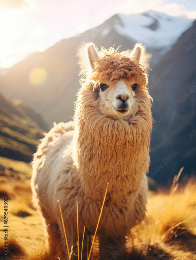 A close up of a llama in a field with mountains in the background. Generative AI.