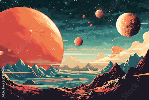 Fototapeta Naklejka Na Ścianę i Meble -  Science, cosmos, astronomy, sci-fi, fantasy and arts concept. Retro style colorful illustration of planets and stars. Minimalist 70-80's pastel colored and grunge illustration style