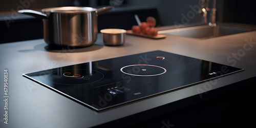 Modern stainless steel gas stove oven in a home with various cookware against wall background 