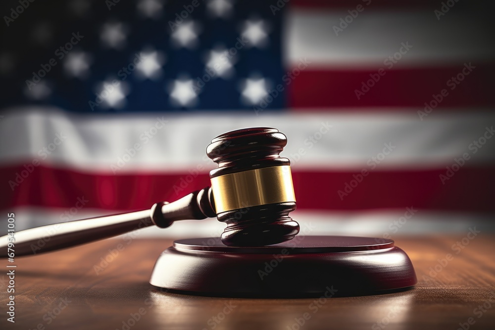Law theme, mallet of judge, wooden desk and USA flag background.
Generative AI Law theme, mallet of judge, wooden desk and USA flag background.
Generative AI