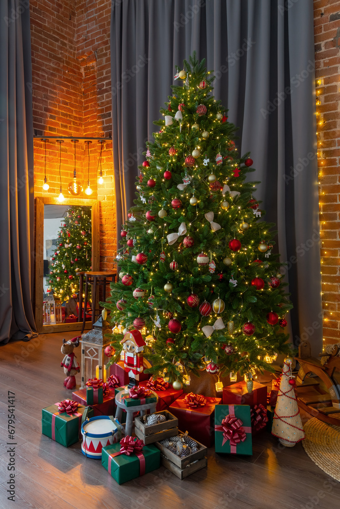 Happy New Year and Christmas! New Year's interior in loft style, green Christmas tree and classic decorations