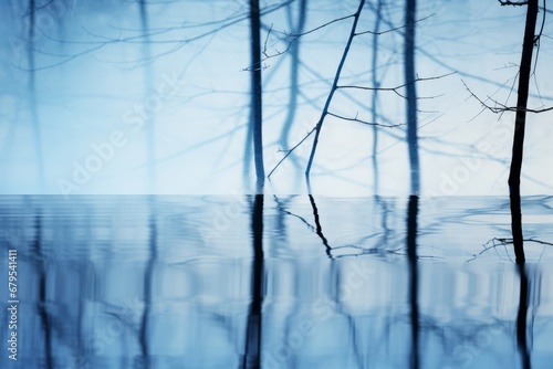 Abstract, introspective winter scene in muted blue and white tones. Soft, muted colors in the picture mean quiet and cold.
