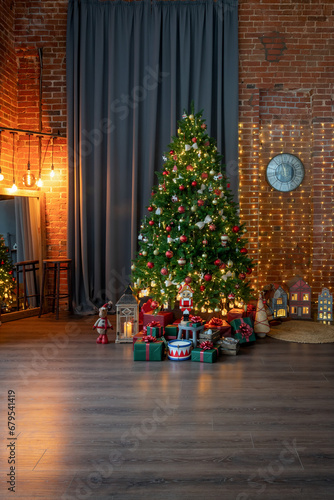 Happy New Year and Christmas  New Year s interior in loft style  green Christmas tree and classic decorations