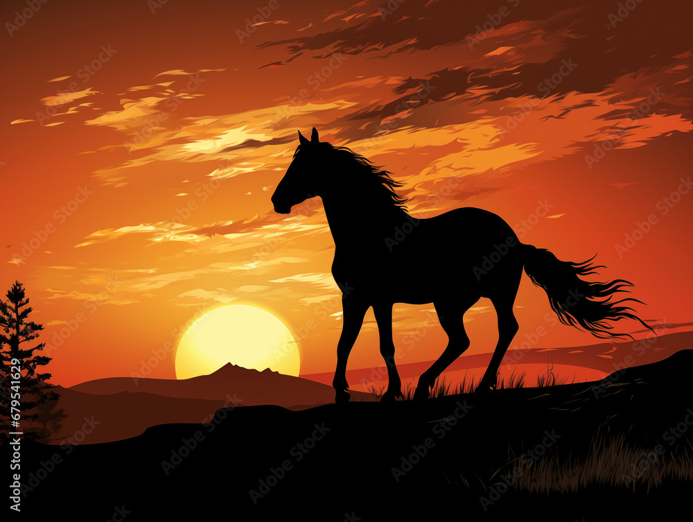 Abstract silhouette of a horse standing on a hill at night. Night scenery. Illustration. Abstract silhouette of a horse standing on a hill at night. Night scenery. Illustration.