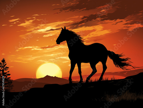 Abstract silhouette of a horse standing on a hill at night. Night scenery. Illustration.